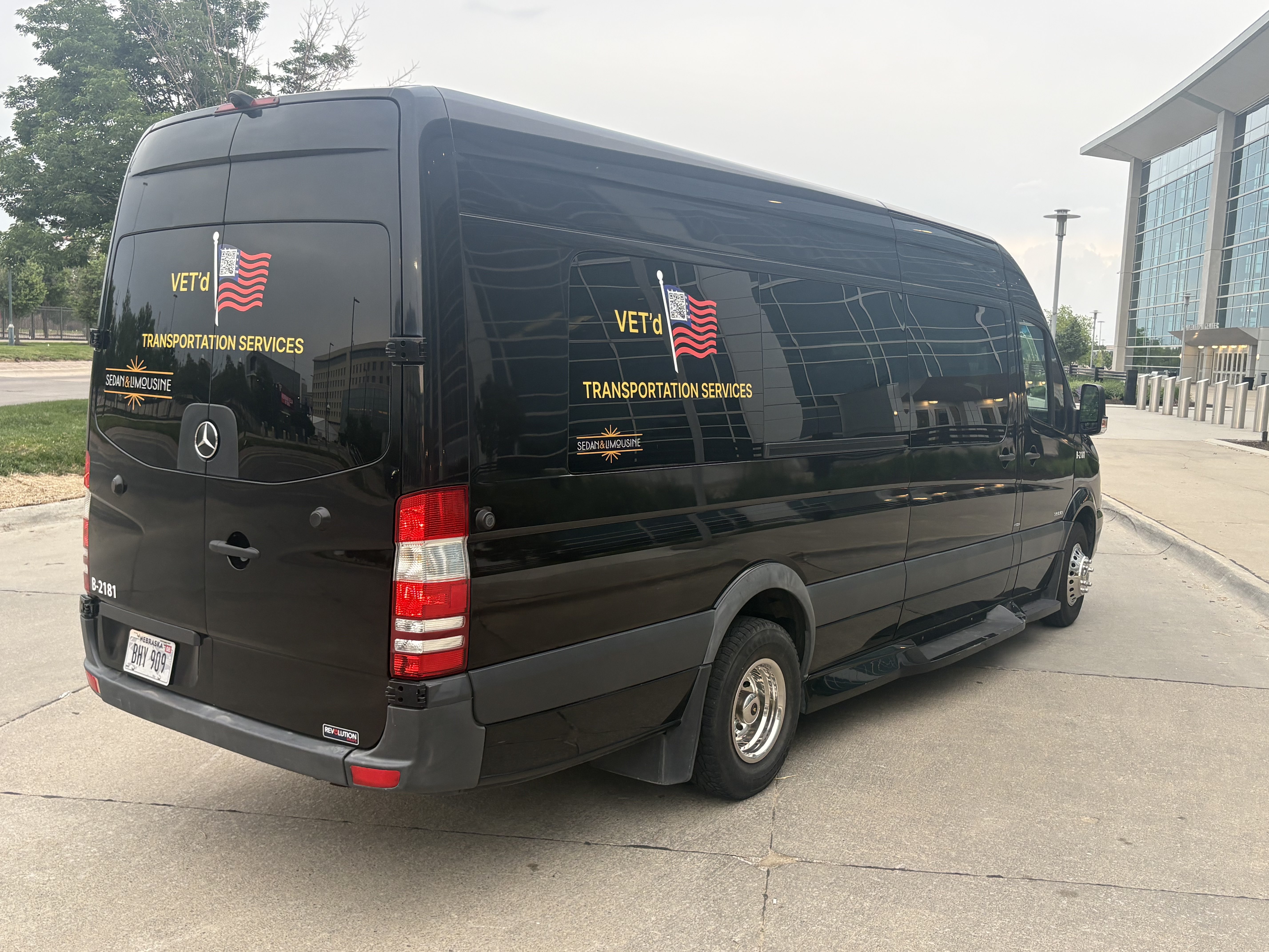 VET'd Transportation branded Sprinter rear view