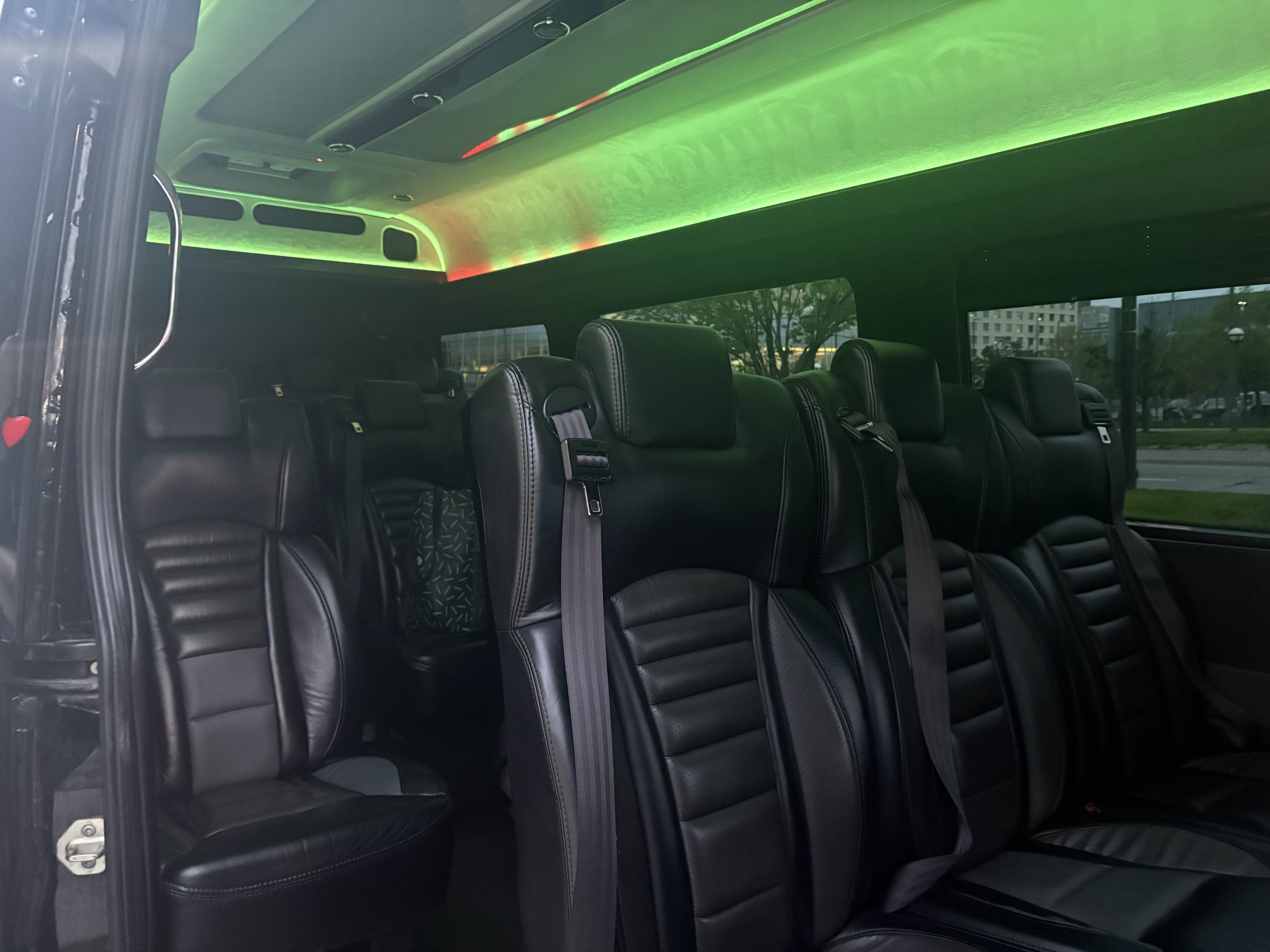 Comfortable leather seating with ambient lighting inside the Sprinter
